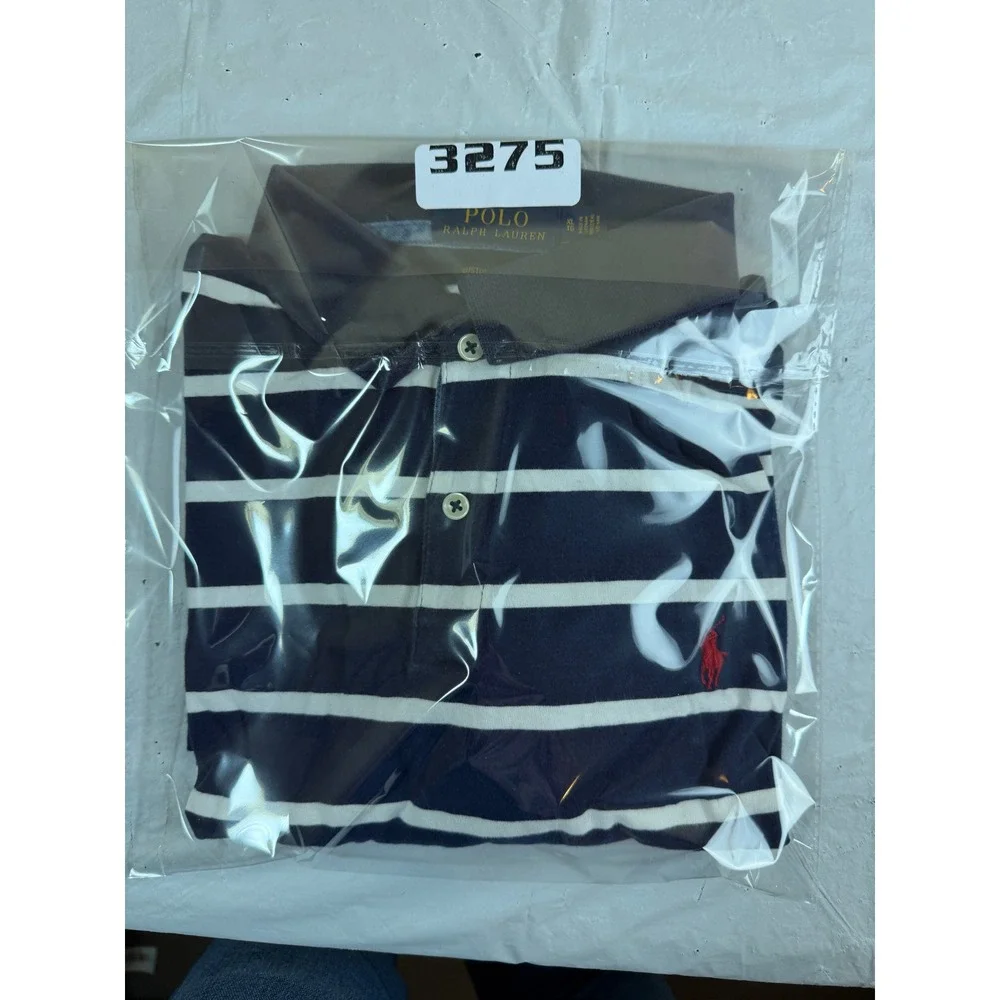 Polo Ralph‎ Lauren Mens XL Custom Slim Fit Striped Polo Shirt Navy Blue White